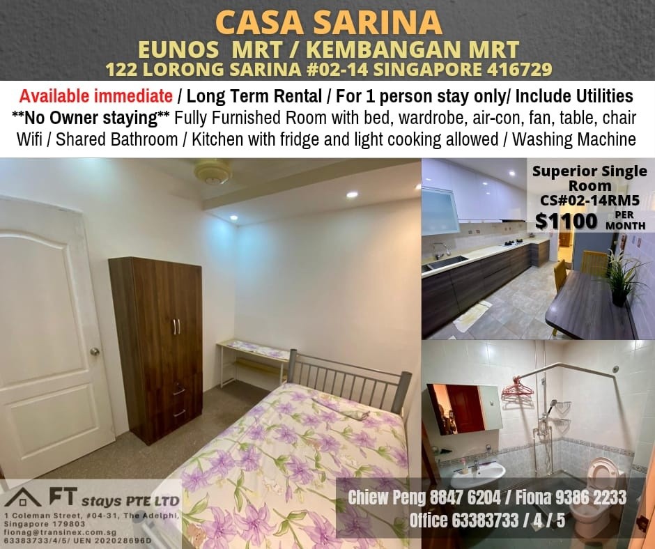 Kembangan MRT | Eunos mrt /Common Room for rent/ Casa Sarina for 1 Pax | Immediate Available | No Agent Fee - Kembangan 景万岸 - 分租房间 - Homates 新加坡