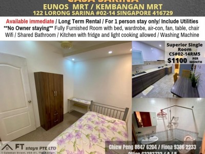 Kembangan MRT | Eunos mrt /Common Room for rent/ Casa Sarina for 1 Pax | Immediate Available | No Agent Fee - 122 Lorong Sarina, Singapore 416729