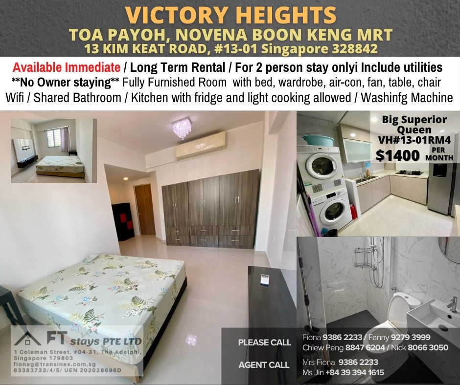VICTORY HEIGHTS Middle Room /1 persons stay/No Owner Staying/Fully Furnished /WIFI/2 Shared Bathroom/allowed Light Cooking/ Balestier / Toa Payoh/Novena MRT/ Available on Immediately - Toa Payoh 大巴窯 - - Homates 新加坡