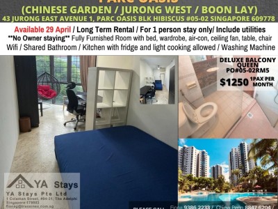Room for rent / Chinesee Gardern, Jurong West, Boon Lay / Common room / 1pax stay / Available April 29 - 43 JURONG EAST AVENUE 1, PARC OASIS BLK HIBISCUS #05-02 SINGAPORE 609778