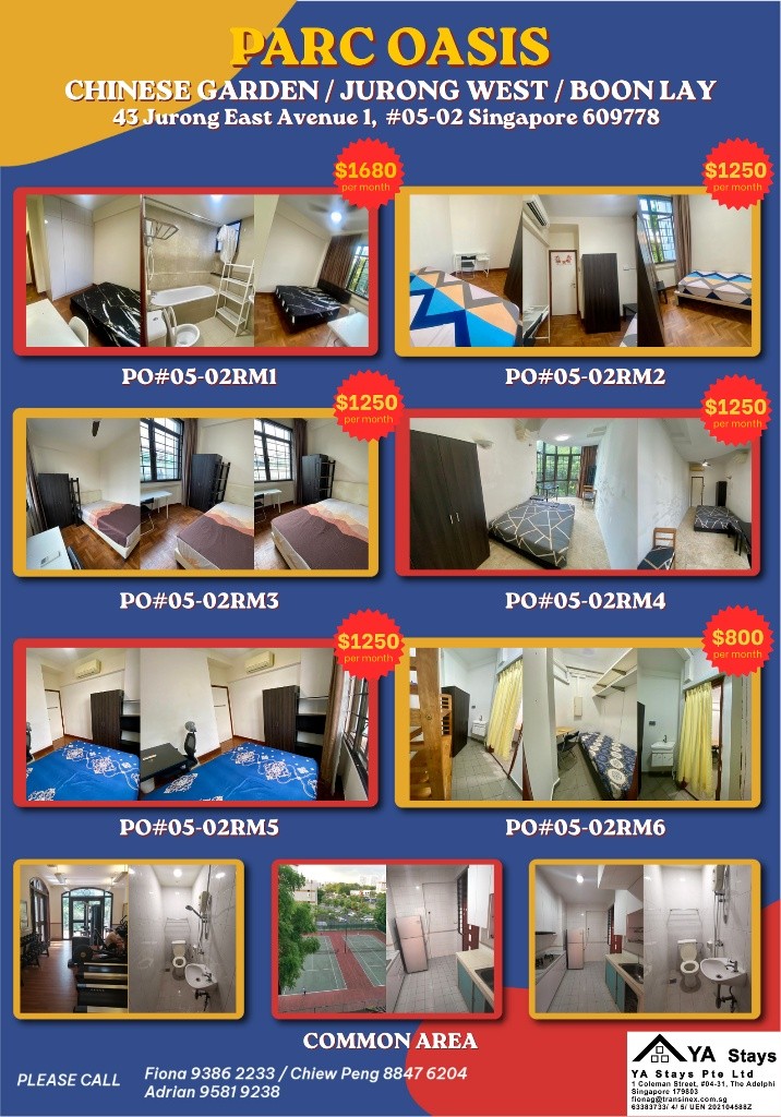 Room For rent/43 JURONG EAST AVENUE 1, PARC OASIS BLK HIBISCUS 60977 Road/commen /for 1pax/ Available Immediate  - Toa Payoh 大巴窯 - 整個住家 - Homates 新加坡