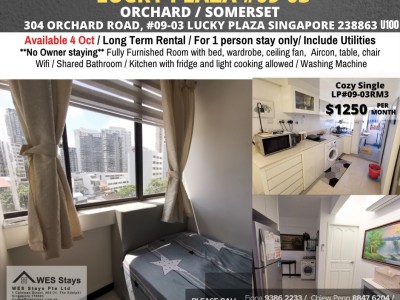 Room for rent / ORCHARD / Common room / 1pax stay / Available 4 Oct - 304 ORCHARD ROAD, #09-03 LUCKY PLAZA SINGAPORE 238863
